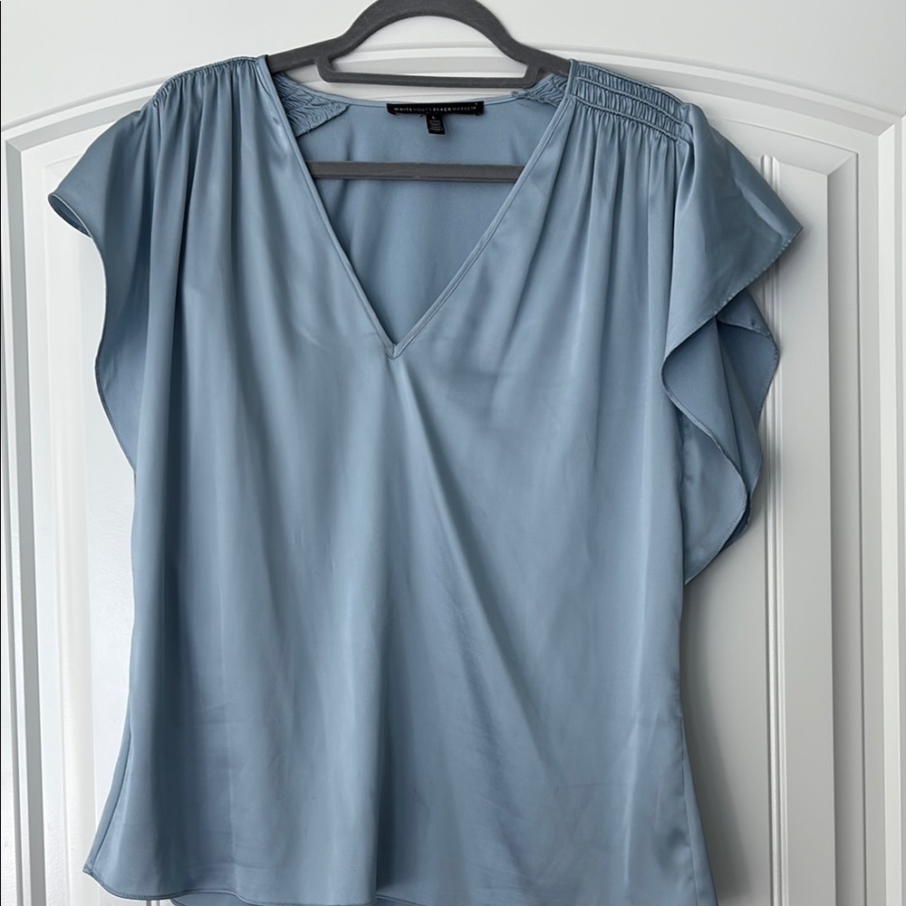 White House Black Market Blue Flutter Sleeve Ruffled Blouse Women’s Sz L